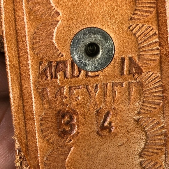 RED rhinestone tan leather woven belt - Picture 5 of 9